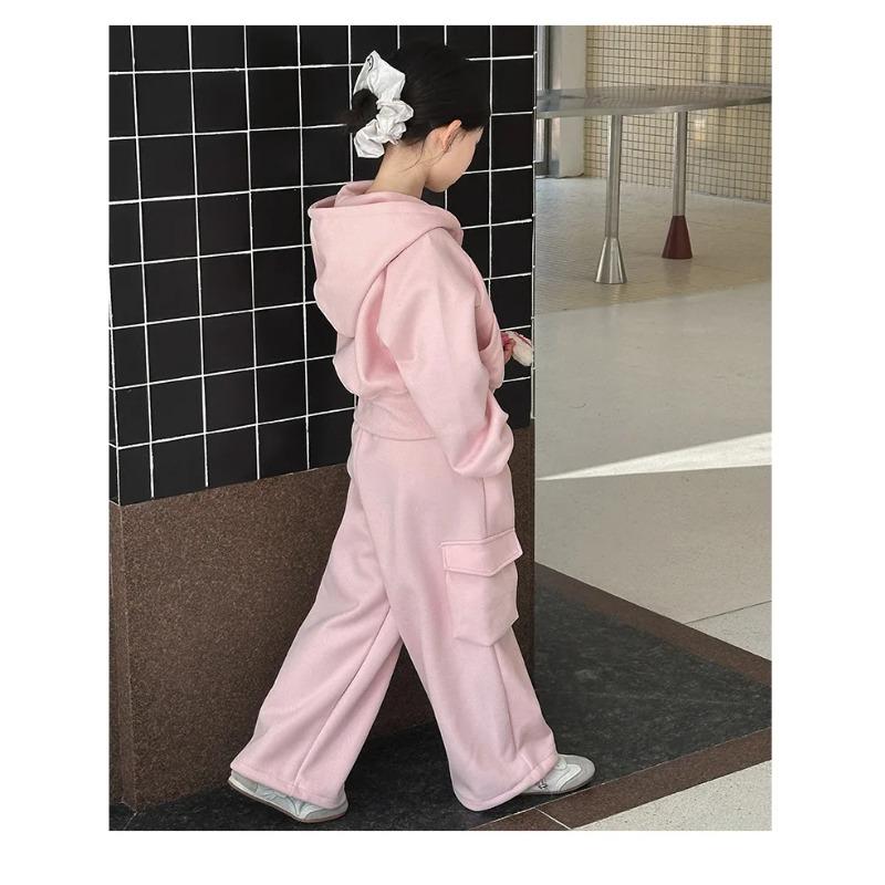 Autumn Winter Teenager Kids Girl Children Set Clothes Loose Sweatshirt Hooded Jacket Pink Wide Leg Pant