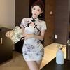 Petite Summer Cheongsam: Sexy Printed Mini Dress with Hollow Pleats & Button-Up Design