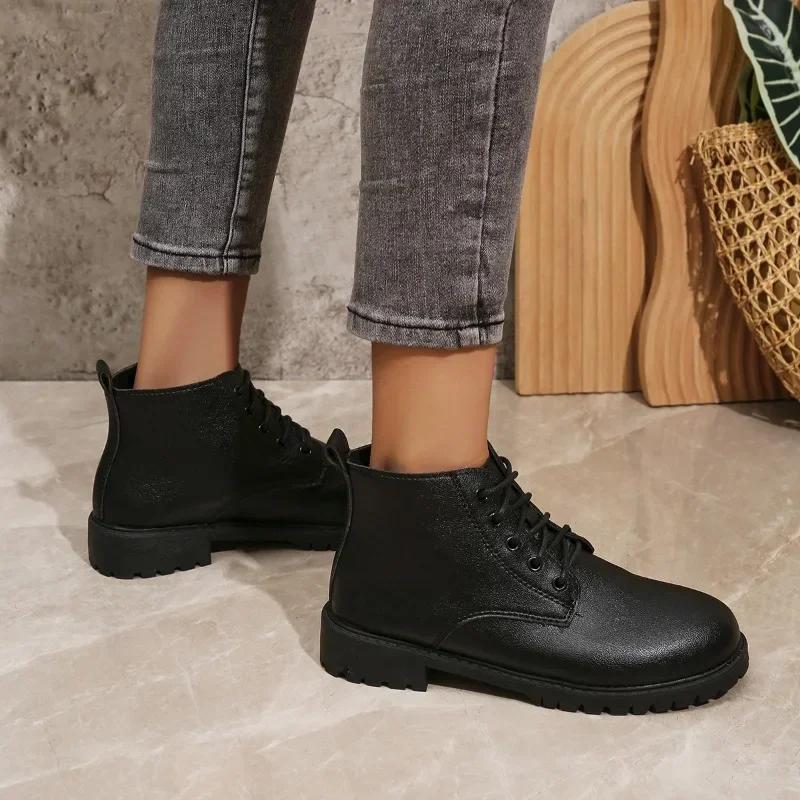 Women's Shoes 2024 Hot Sale Lace Up Women's Boots Autumn Round Toe Solid Chunky Heels Rubber Concise Short Barrel British Boots