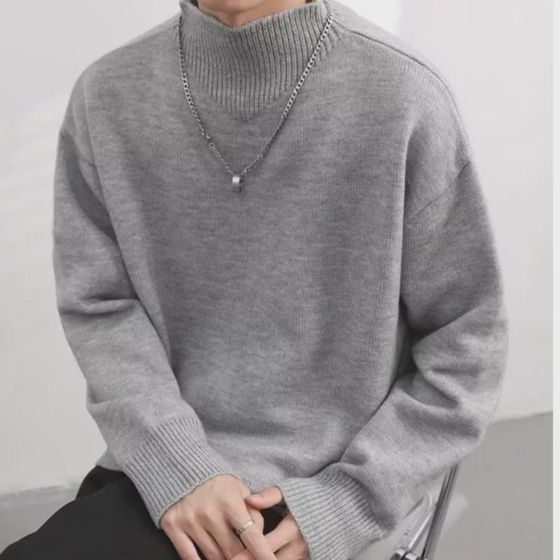 Men's Arctic Velvet Soft Knit Half-Turtleneck Sweater - Autumn/Winter Solid Color, Loose, Warm, Basic Style
