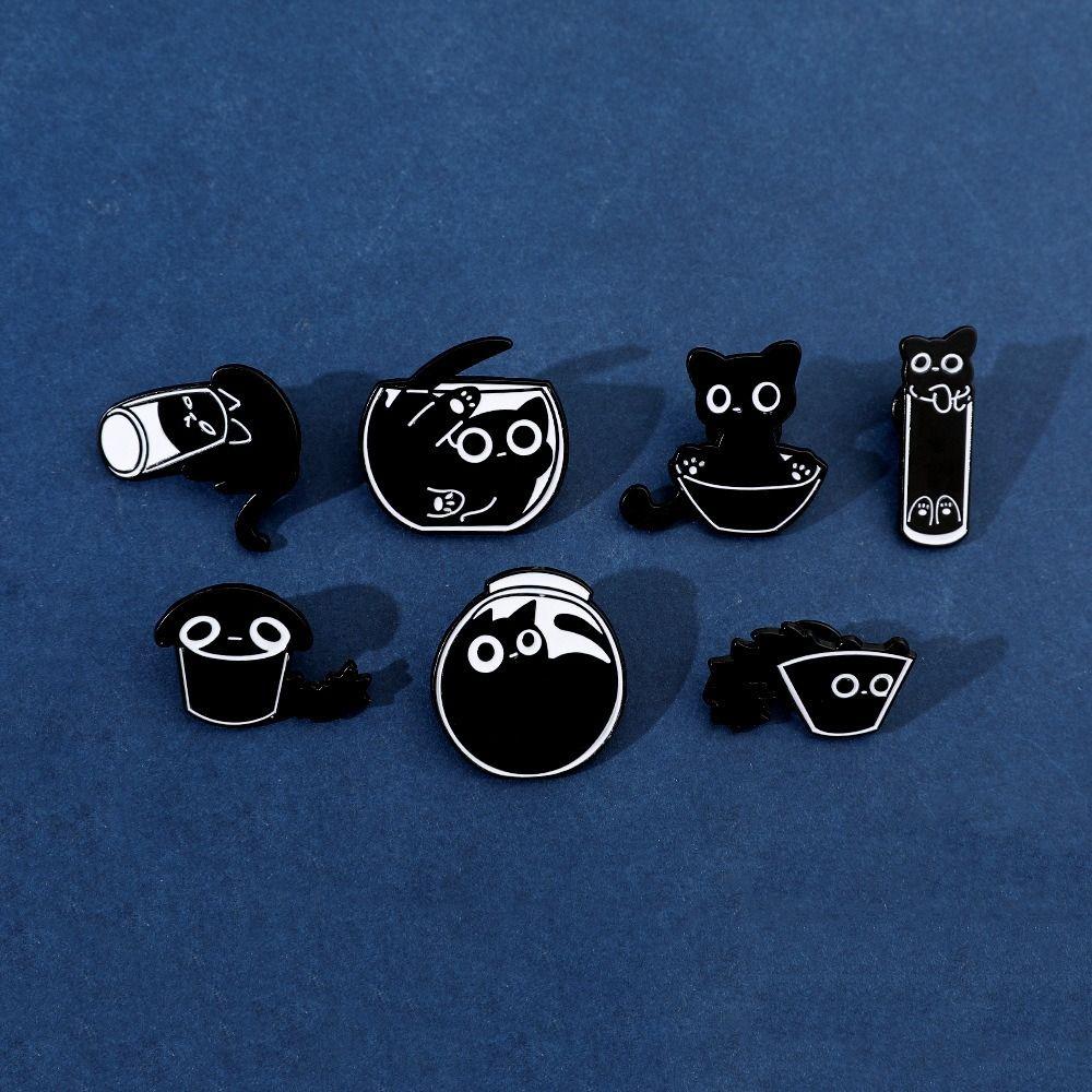 Fish Tank Black Kitten Brooches Cup Cat Metal Badge Animal Jewelry Gift Black Cat Enamel Pin  Coat