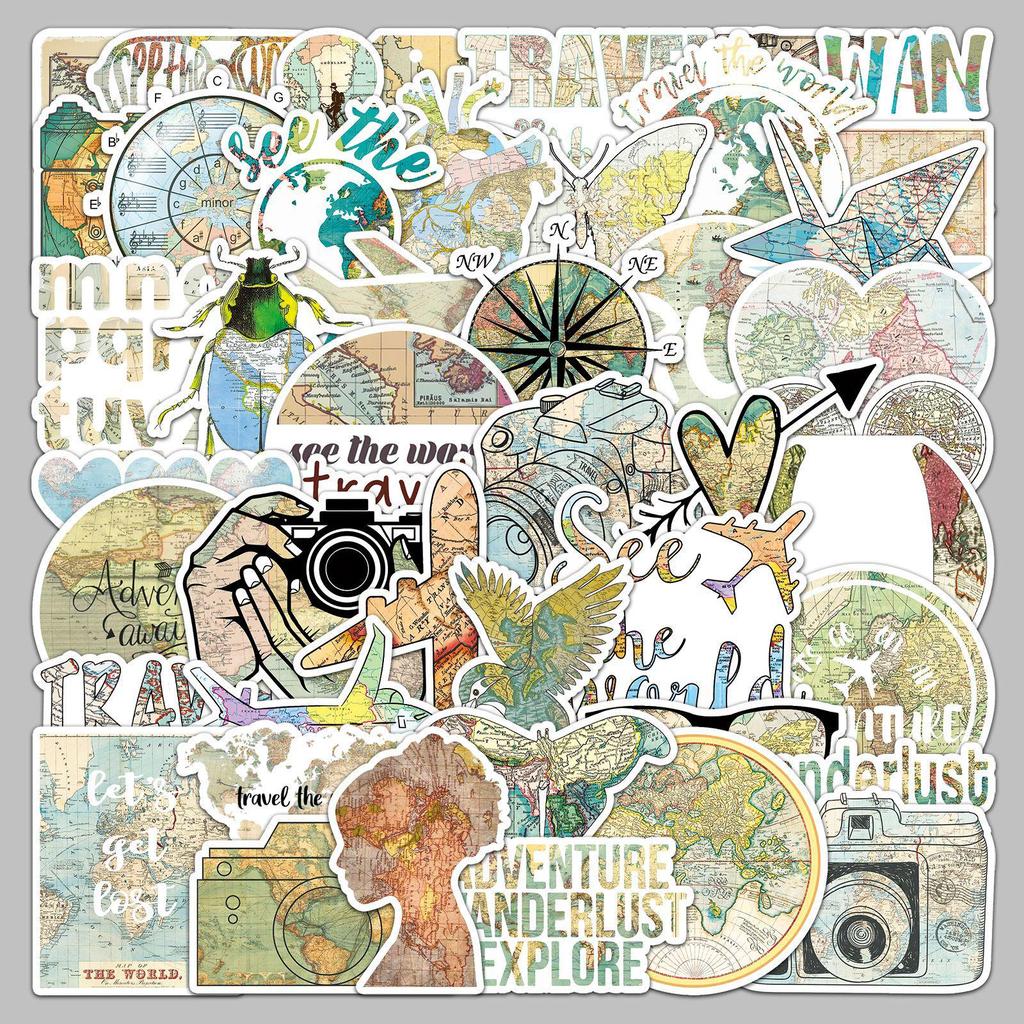 World Map Retro Art Stickers: 50 Waterproof Sheets for Creative Journals and Notebooks.