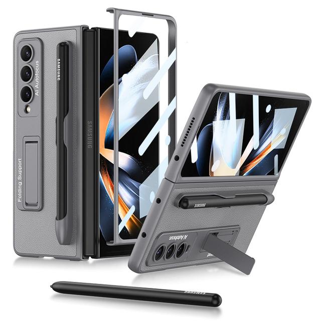 Bracket Leather Pen Slot Cover For Samsung Galaxy Z Fold 4 Case Hard Full Protection Cover With Front Film (No Pen )