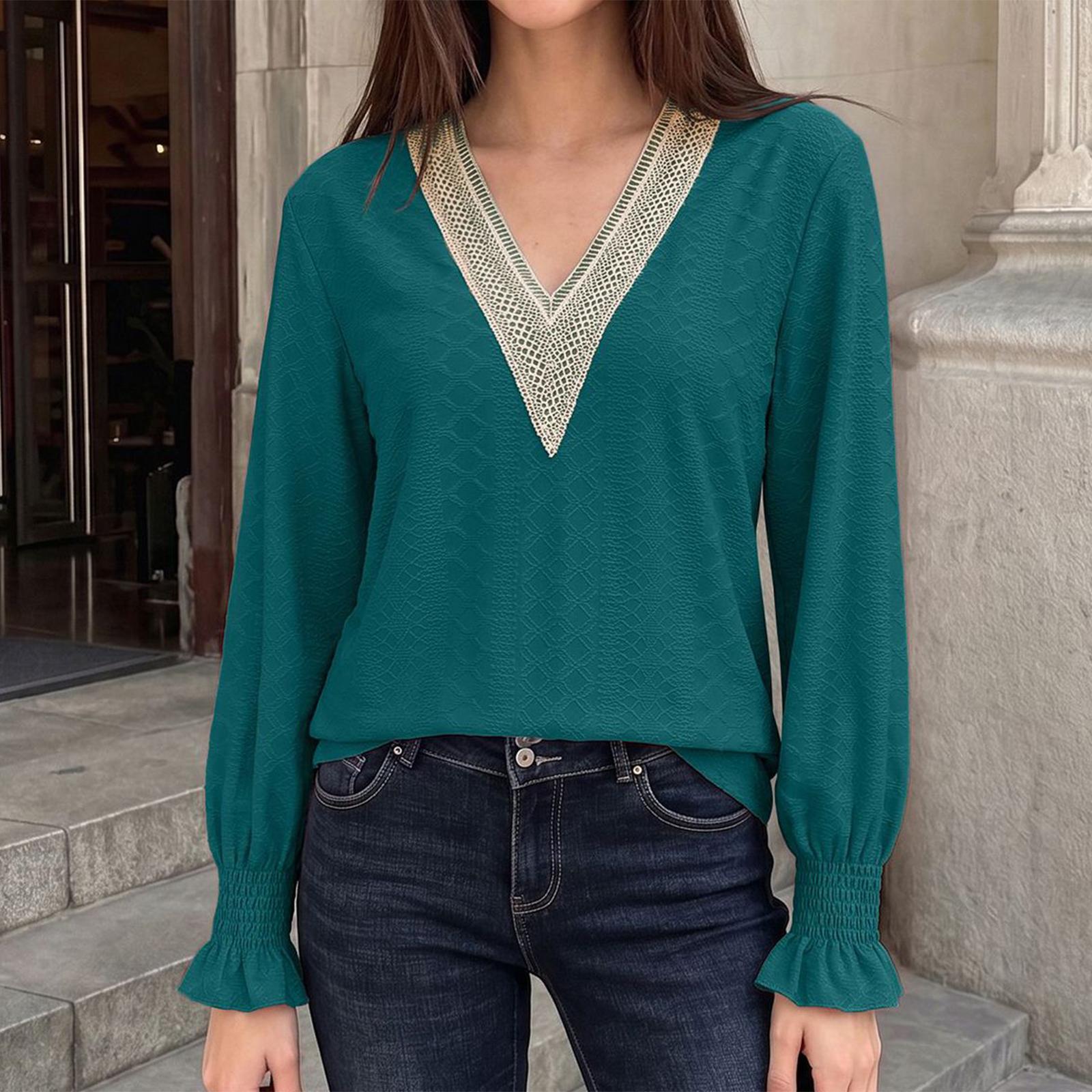 Women s Color V-Neck Lace Trim Loose Fit Smocked Long Sleeve T-Shirt Top XXL