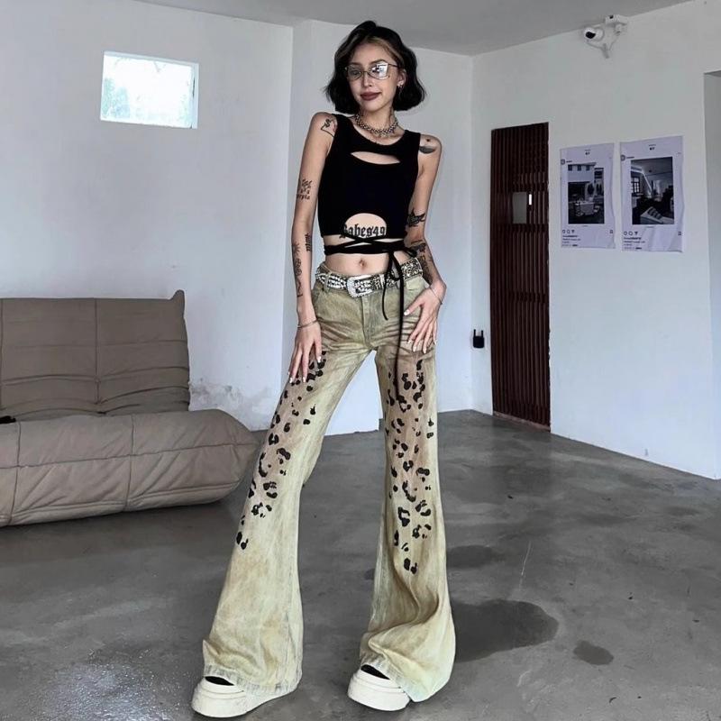 American Retro Leopard Print Low-Waist Flare Denim Pants - Slimming Floor-Length. XL