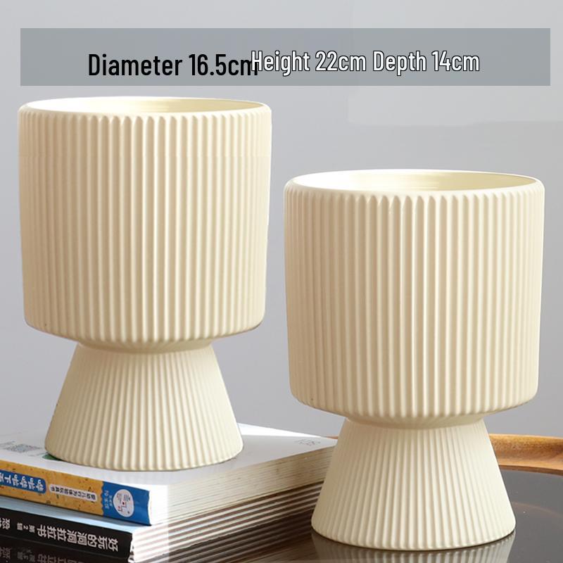 Nordic Ceramic Flower Pot with Tray - High-Footed Vertical Stripes for Indoor/ Balcony, Ideal for Pothos and Orchids.