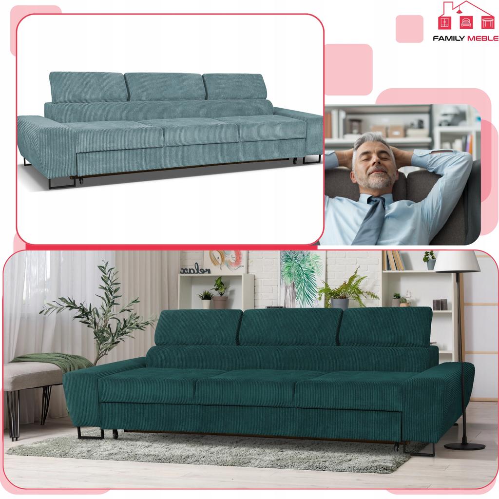 Sofa kanapa 3 os rozkładana z f. spania Savio Family meble j.zielen sztruks