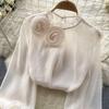 Ruffles Sweet Sheer Blouse O Neck Long Sleeves 3D Floral Loose Top Korean Style Streetwear Vintage OL Casual Shirt