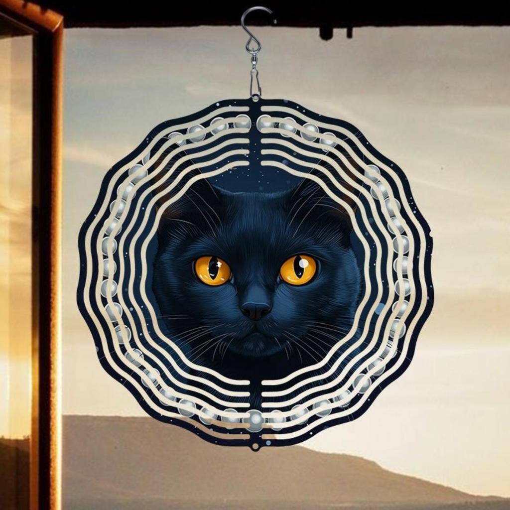 Závěsná větrná zvonkohra Perlová Černá Kočka Vzor Směrovka Větru Gyro Kovová Dekorace pro Venkovní Zahradu Patio Vnitřní Prostor Ideální Dárek pro Festival