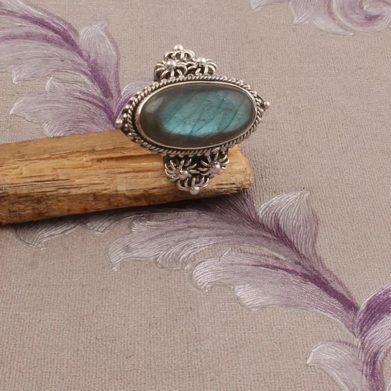 Labradorit-Edelsteinring aus 925er Sterlingsilber, massiver Stein, Statement-Ring für Frauen, Geschenkidee, Edelsteinschmuck, ca. 7,68 g