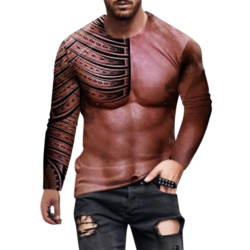 Spring and Autumn Round Neck Bodybuilding Muscle Simulation 3D Printed Top Fashionable Casual Long Sleeved Men's T-shirts