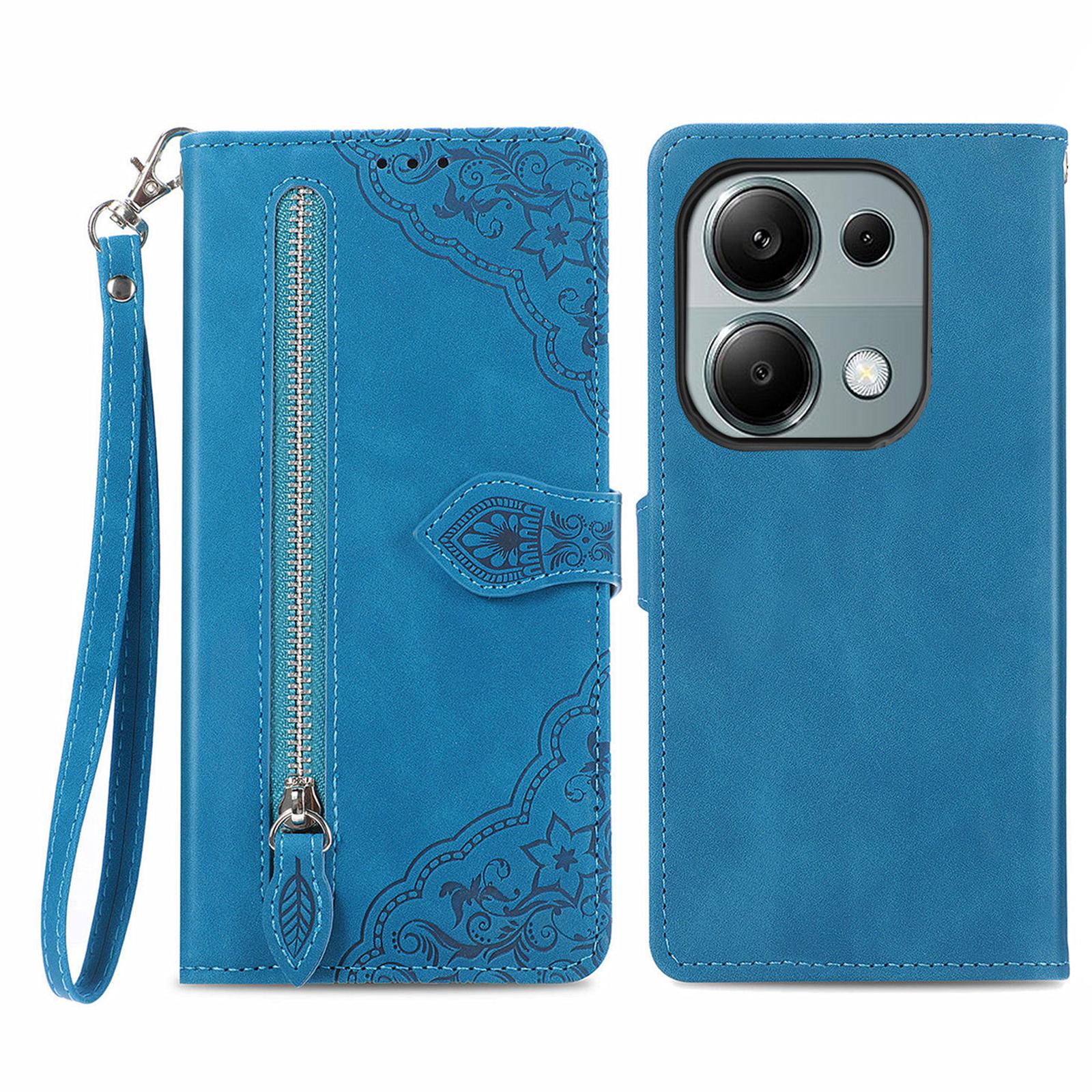 

For Xiaomi Redmi Note 13 Pro 4G/Poco M6 Pro 4G Zipper Wallet Case with Strap Flower Imprint PU Leather Phone Cover Blue