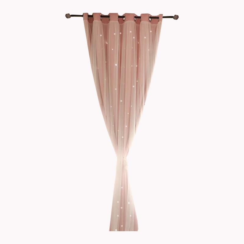 1pc Korean-style Double-layer Integrated Lace Blackout Hollow Star Curtain, Ready-made for Bedroom and Living Room