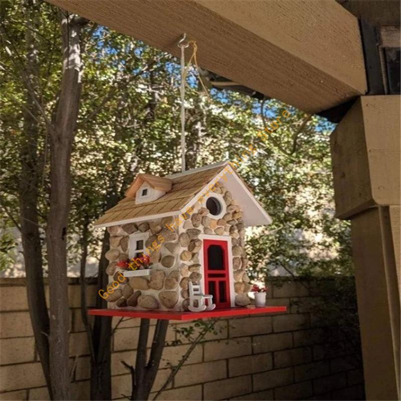 

Wooden Stone Cottage Bird House Hummingbird Feeder Resin Garden Statues Handmade 55KF CN