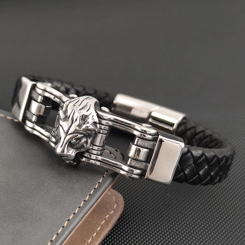 MingAo Nerezová ocel Lví Doplňky Pánský Kožený Náramek Luxusní Designový Styl Černá Kůže Magnetické Zapínání Vánoční Dárek