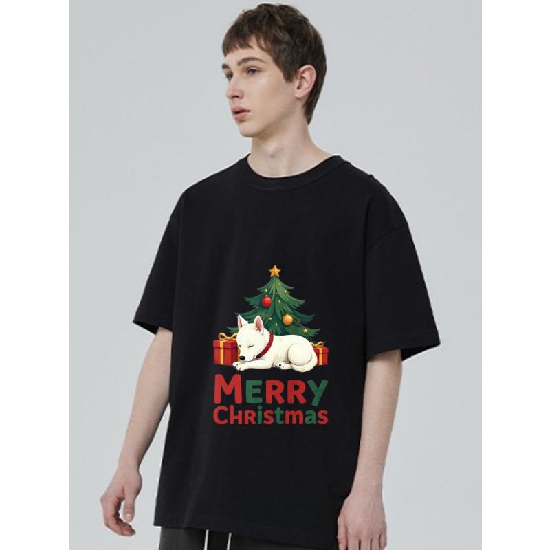 Christmas T-Shirt Black White Dog and Christmas Tree with Gifts Merry Christmas Print Holiday Party Casual Wear