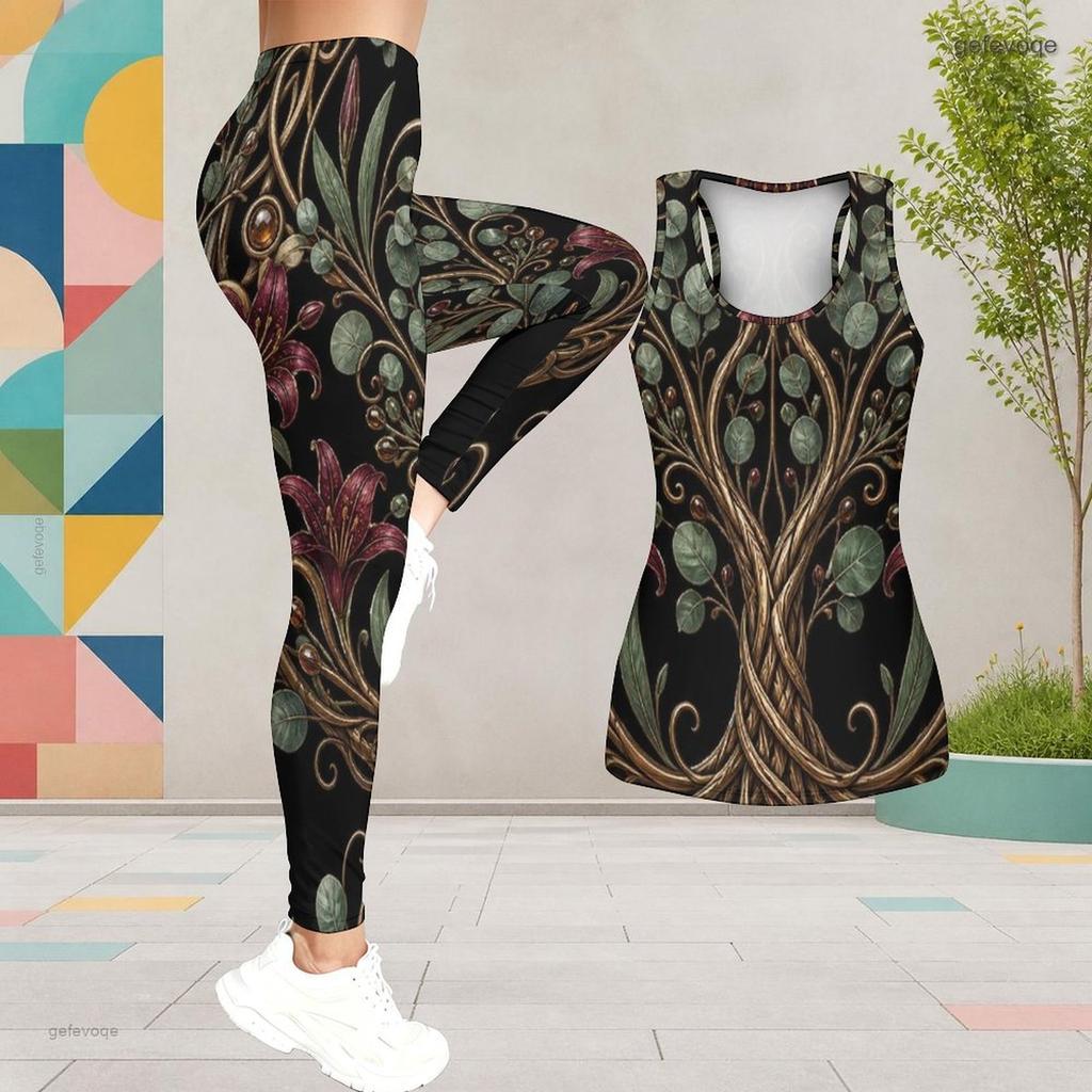 Women Plus Size Two Piece Set Scoop Neck Sleeveless Printed Tank Top Fitted Black Green Gold Pants
