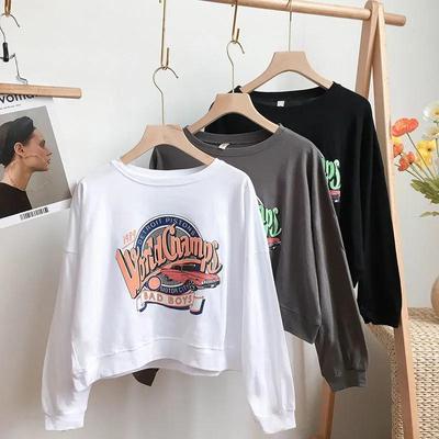 Baumwolle Langarm T-Shirt Personalisiert Bedruckt Lässig Bequem Locker Hoodies Kurzer Pullover