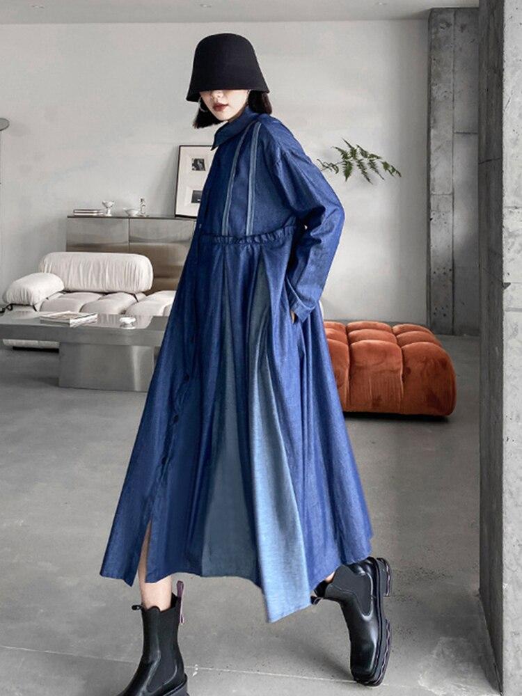 Xitao Patchwork Einreiher Kleid Frauen Persönlichkeit Mode Lose Polo-ausschnitt Volle Hülse Kleid Korea Neue ZY8149