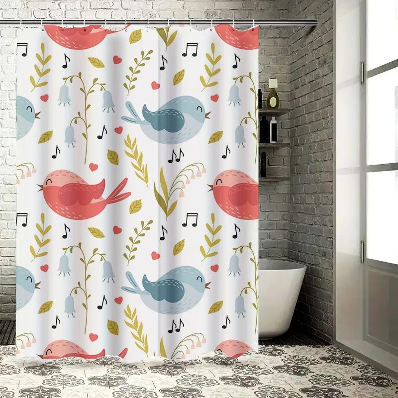 Modern Style Flower Bird Printed Shower Curtains Waterproof Bathroom Decor Pink White Yellow Blue Flowers Birds Bath Mats