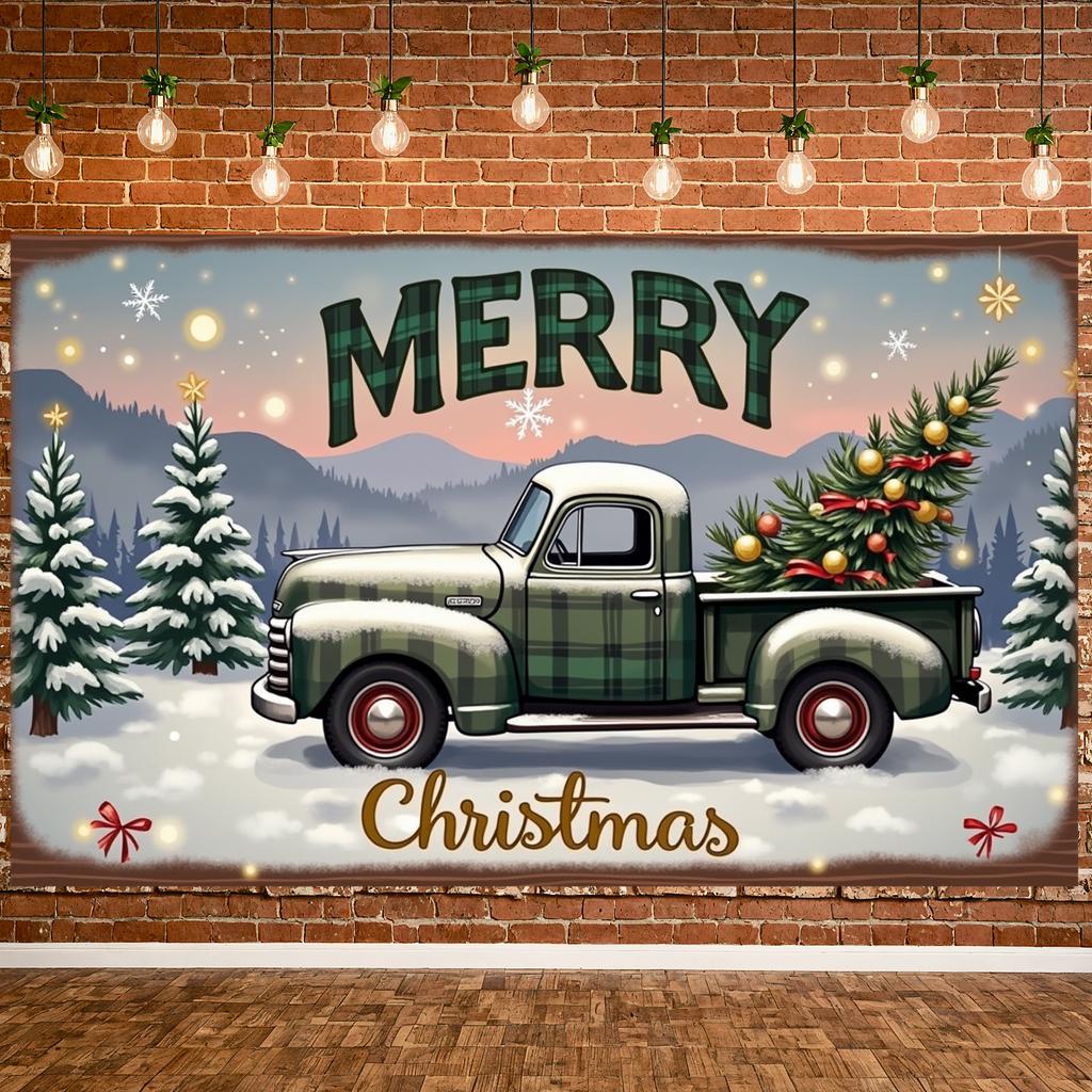 Vintage Truck Banner Gold Ornaments Holiday Truck Display Christmas Banner Classic Truck Design Merry Christmas Banner