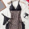Europe, America and Other Popular V-neck Lace Mesh Leopard Print Suspender Nightdress Two-piece Set