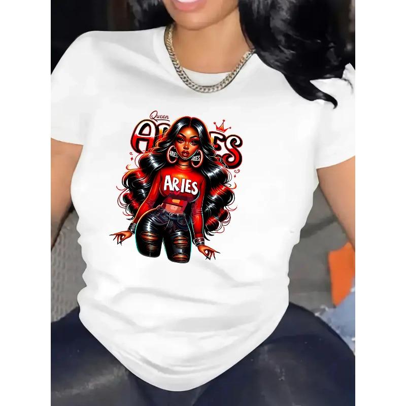 European Size Womens Aries Zodiac Graphic Tee Red Black Anime Style Print Lightweight Polyester Blend Casual Crew Neck Short Sleeve Spring Summer