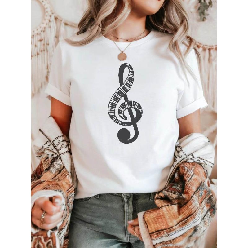 Piano Treble Clef Graphic Print T-Shirt, Short Sleeve Crew Neck Casual Top for Summer & Spring, Women'S Clothing