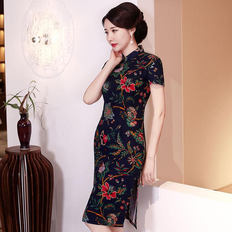 Summer Short-sleeved Cheongsam Chinese Style Dress Medium-length Large-size Dress