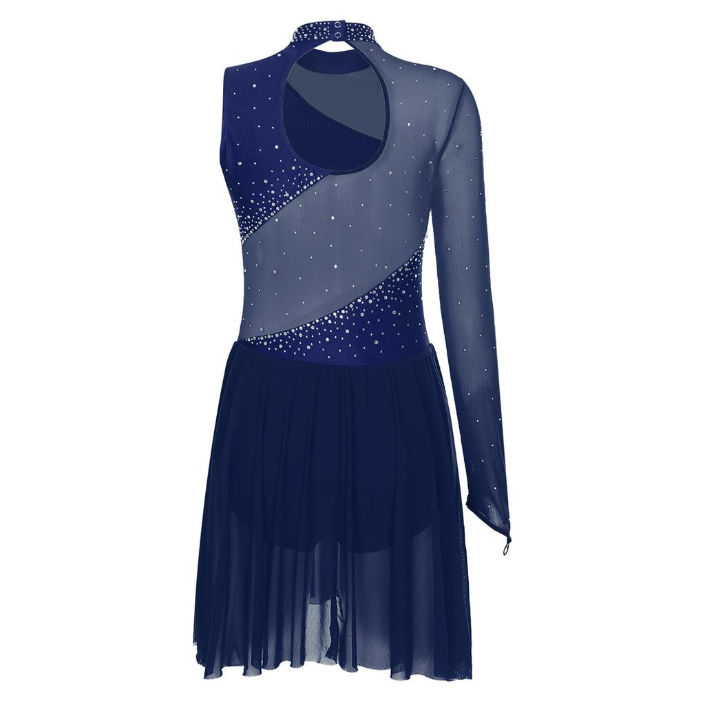 Womens Figure Skating Dance Leotard Single Sleeve Mock Neck Sparkle Rhinestone Ice Performance Wear