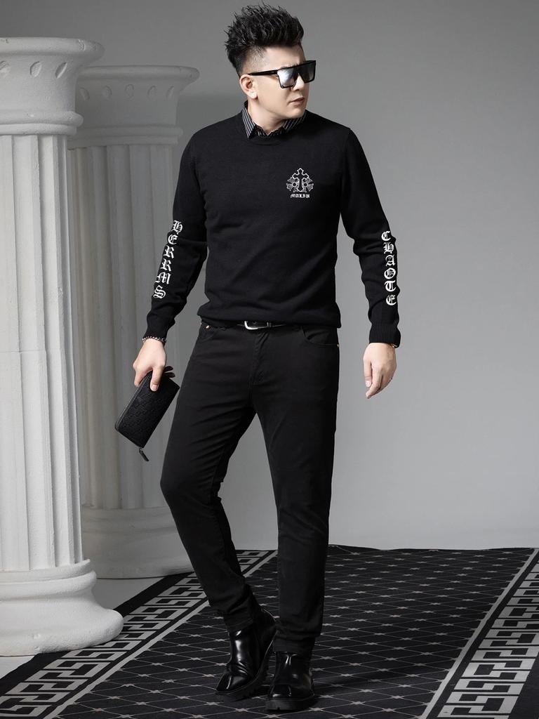 European Style Fake Two-Piece Sweater for Men, 2025 Autumn and Winter New Round Neck High-End Printed Warm Knit Base Shirt