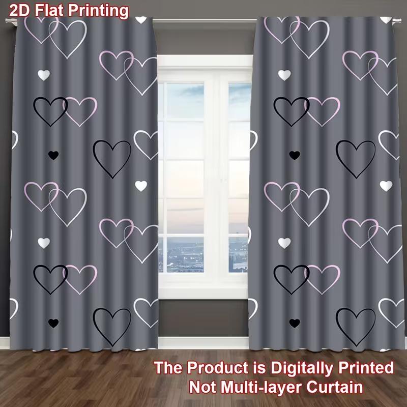 2 Stück Vorhänge mit grauem Herzmuster, geeignet für Schlafzimmer-, Wohnzimmer-, Küchendekoration, Heimdekoration, Fensterdekoration