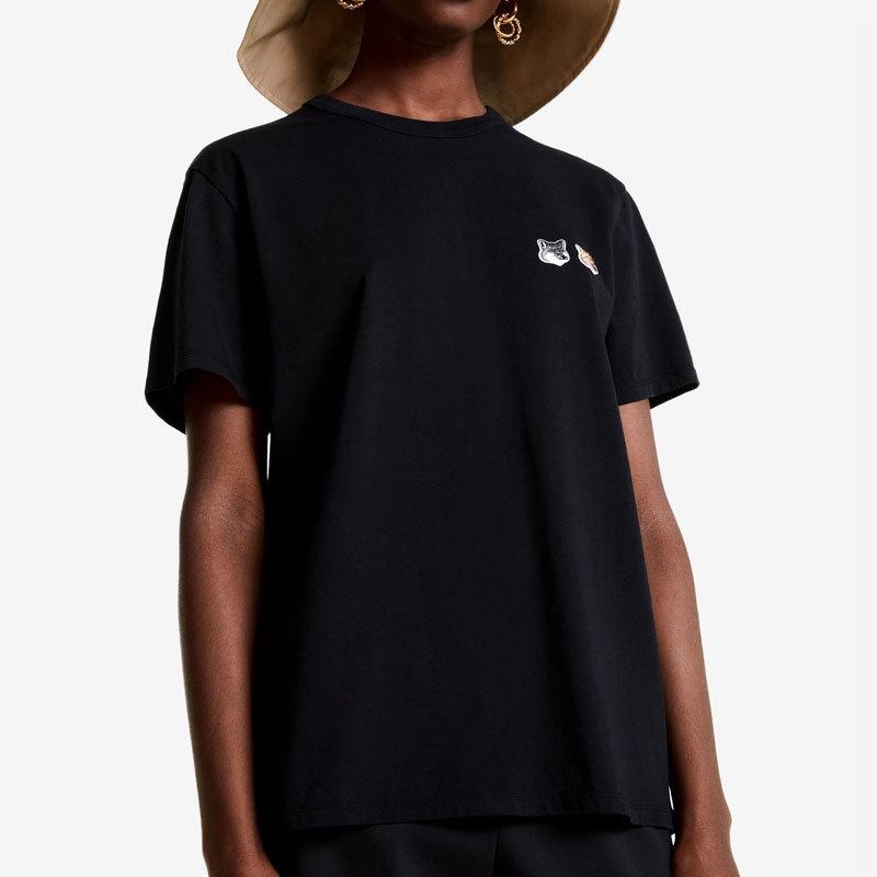 Summer Double-Headed Fox Embroidery Heavyweight Cotton Couple T-Shirt