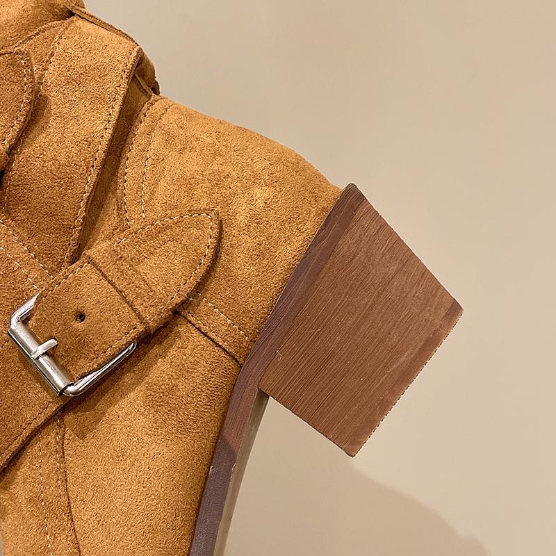 Aphixta 5cm Wooden Heel Mid-Calf Boots Women Big Size 42 Brown Westen Boot Pointed Toe Women's High Boots Botas Cowboy Mujer