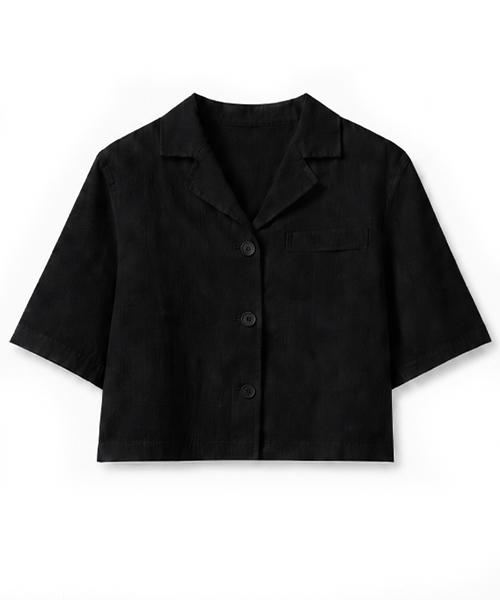 KOLEAT Linen Black Slim Short Sleeve Shirt [Crop]