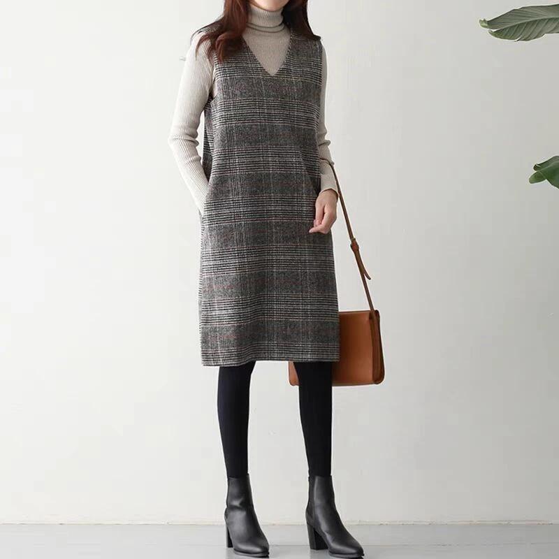 Damen Strickweste Kleid Baumwolle V-Ausschnitt Pullover Kariert Vintage Tanktop Ärmelloses Kleid mit Taschen