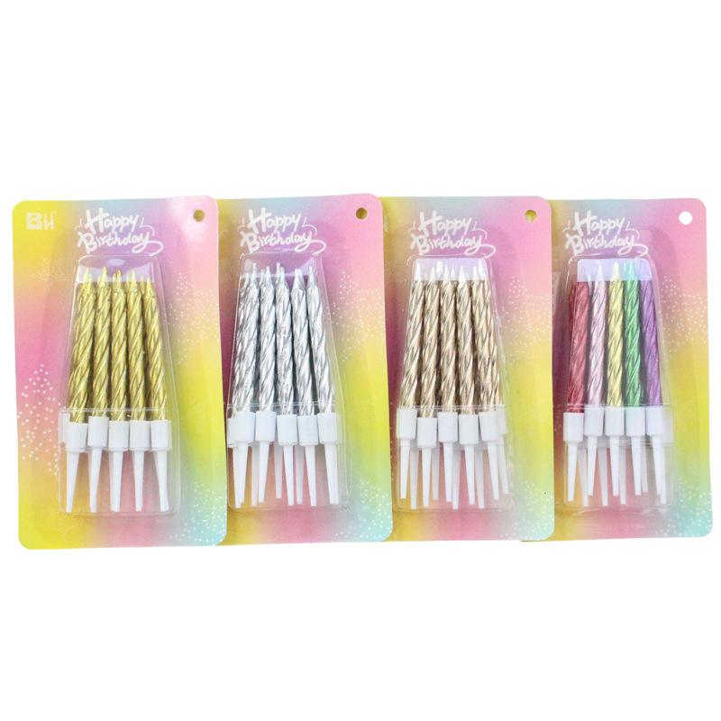 New Gold-plated Threaded 10-piece Suction Card Candles Colorful Electroplated Spiral Gold and Silver Party Decoration Candles