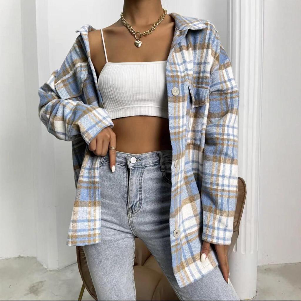 2025 European & American Women's New Flannel Plaid Casual Loose Shirt Jacket