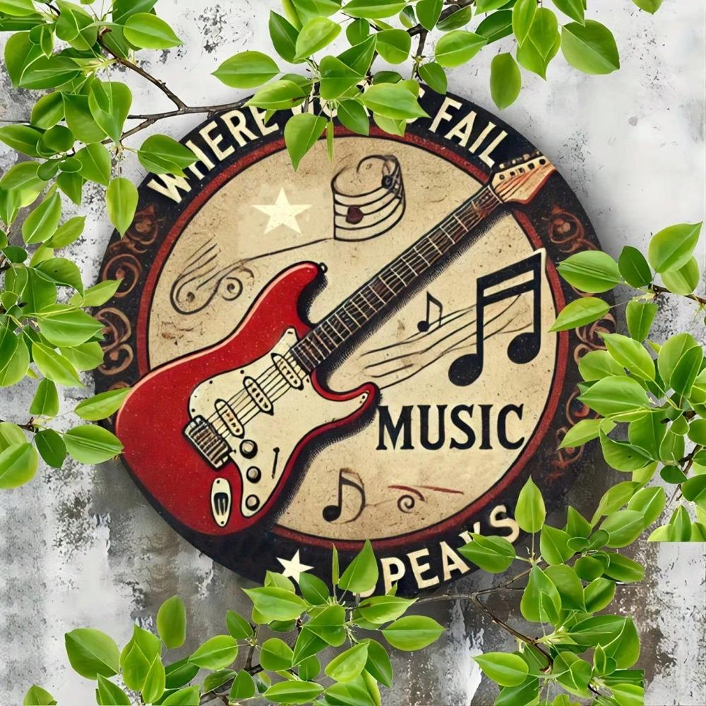 Vintage Style Music Speaks Aluminum Sign Red Electric Guitar Metal Wall Art