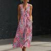 Women Sleeveless V Neck Button Front Maxi Dress Floral Print Linen Cotton Blend Casual Summer Dress with Pockets