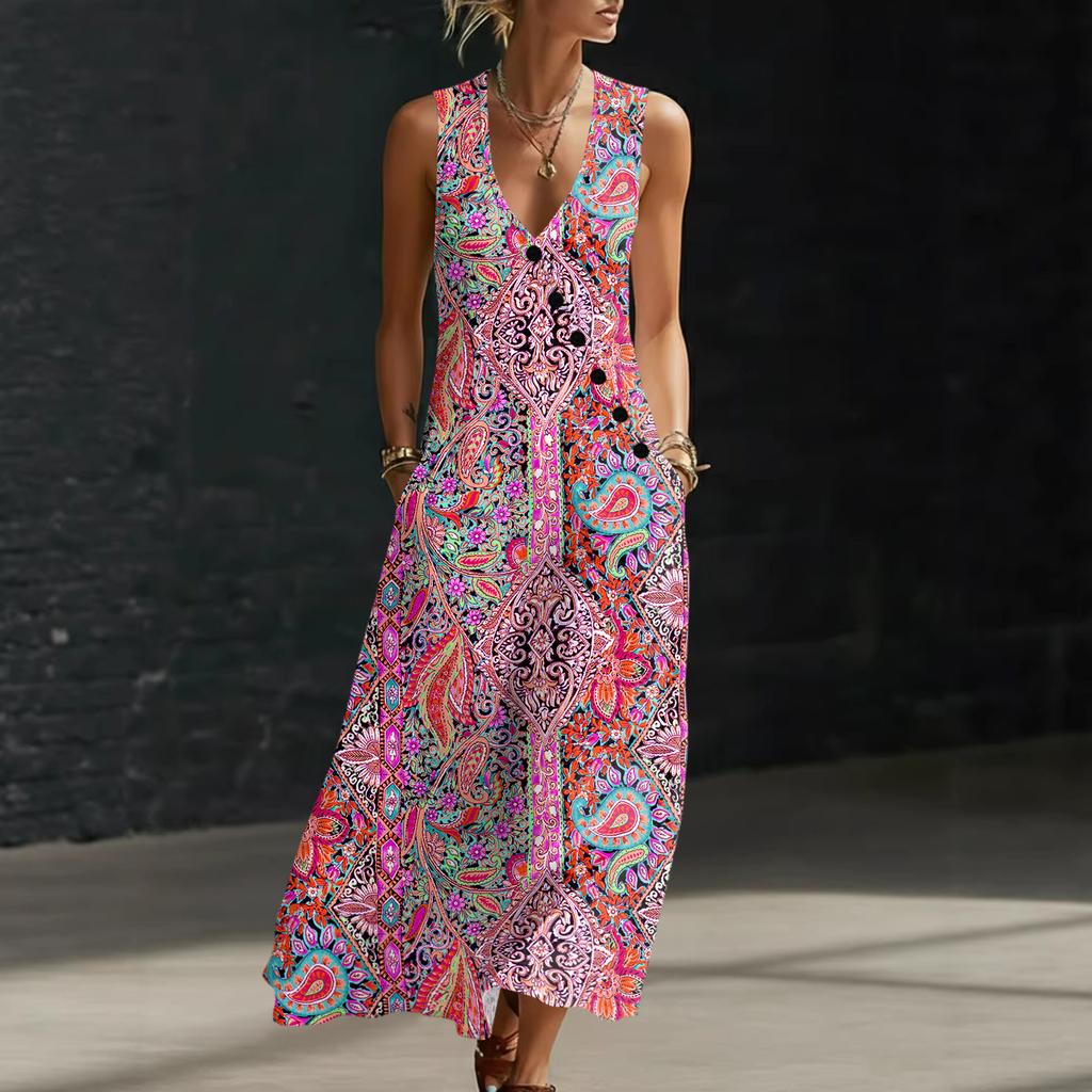 Women Sleeveless V Neck Button Front Maxi Dress Floral Print Linen Cotton Blend Casual Summer Dress with Pockets
