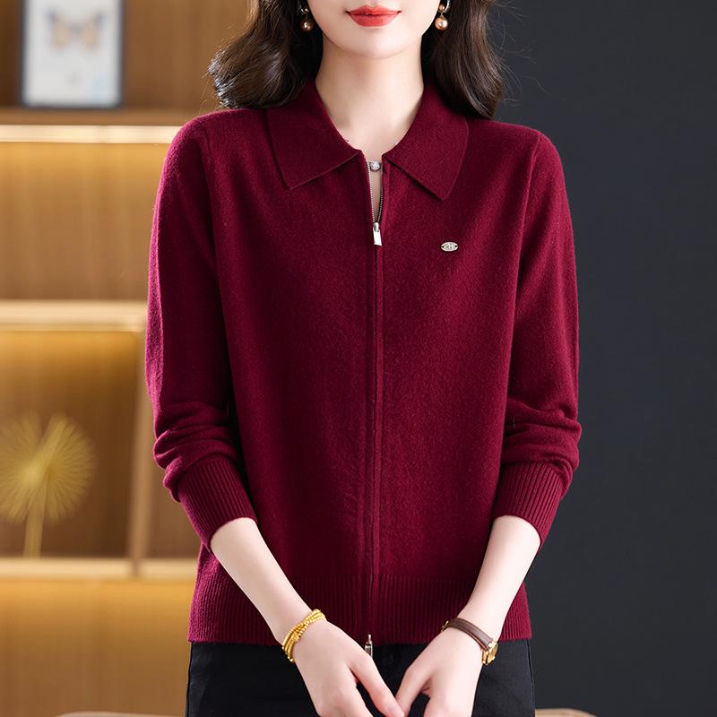 Women's Double Zipper Lapel Knit Cardigan - Spring Loose Fit Age-Reducing Sweater Jacket
