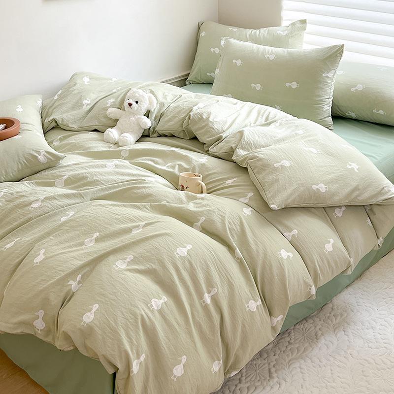 Class A Mother and Baby Grade Naked Sleeping Four-piece Set Fresh Washed Cotton Sheets Quilt Cover Bed Sheet Type Pure Cotton Three-piece Set