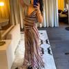 Vestido Maxi de Mujer sin Mangas a Rayas Cuello Drapeado Multicolor Fruncido Bodycon Abertura Alta Gasa Vestido Sexy para Fiesta de Noche Verano
