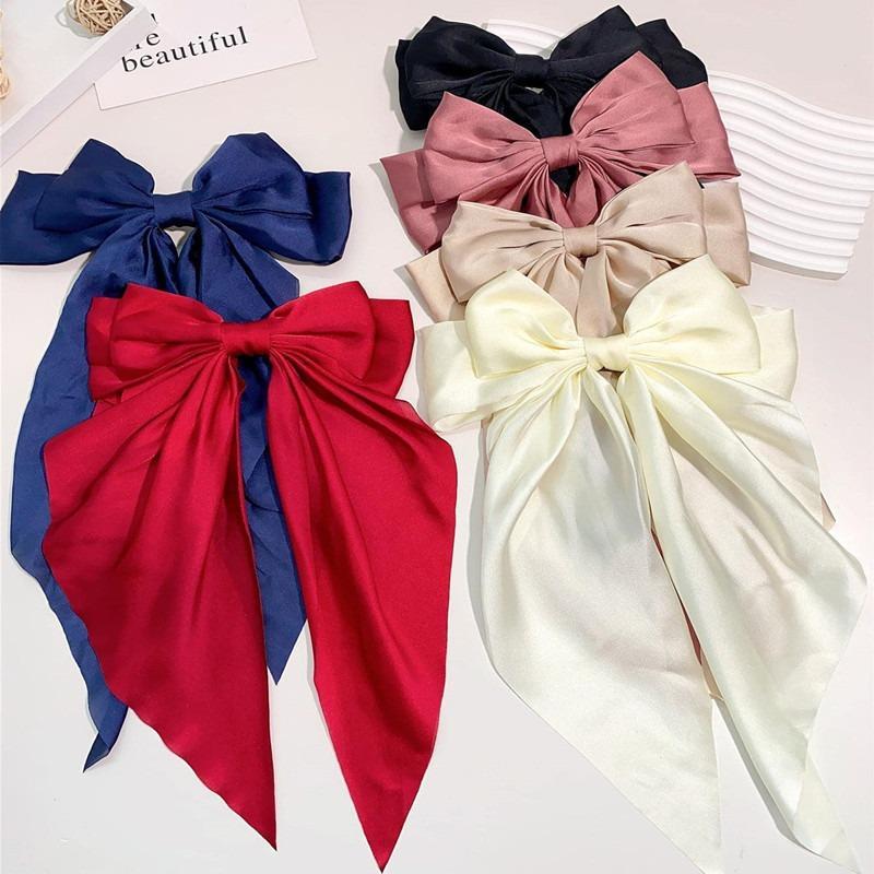 Fashionable Solid Color Ribbon Bow Hair Clip Women's Elegant Long Satin Large Bow Spring Clip Hair Accessory Top Clips