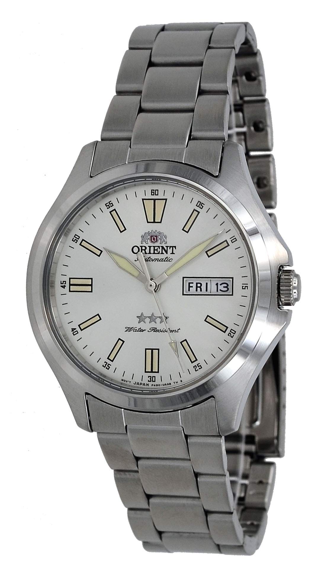 

Orient RA-AB0F12S Men s Stainless Steel 3 Star White Dial Luminous Index Day Date Automatic Watch