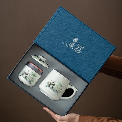 Suet Jade Chinese Panda Bamboo Office Cup with Lid Filter Mug Light Luxury Gift Box Home Business Souvenir