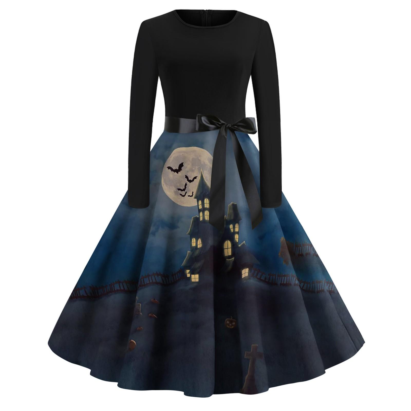 

Платье с расклешенным принтом на Хэллоуин для женщин, платье с длинным рукавом, полые вечерние повседневные платья XL