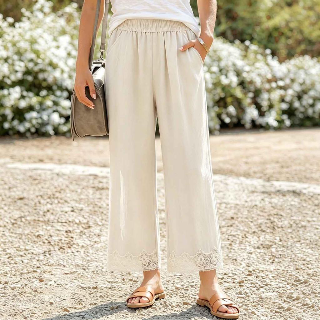 Women High Waist Loose Fit Cotton Linen Pants with Elastic Waistband and Pockets Casual Wide Leg Trousers Embroidered Hem