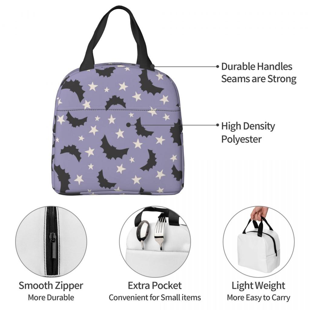 Cartoon Bat Halloween Gothic Insulated Lunch Bags Portable Lunch Container Thermal Bag Tote Lunch Box School Picnic Food Bag